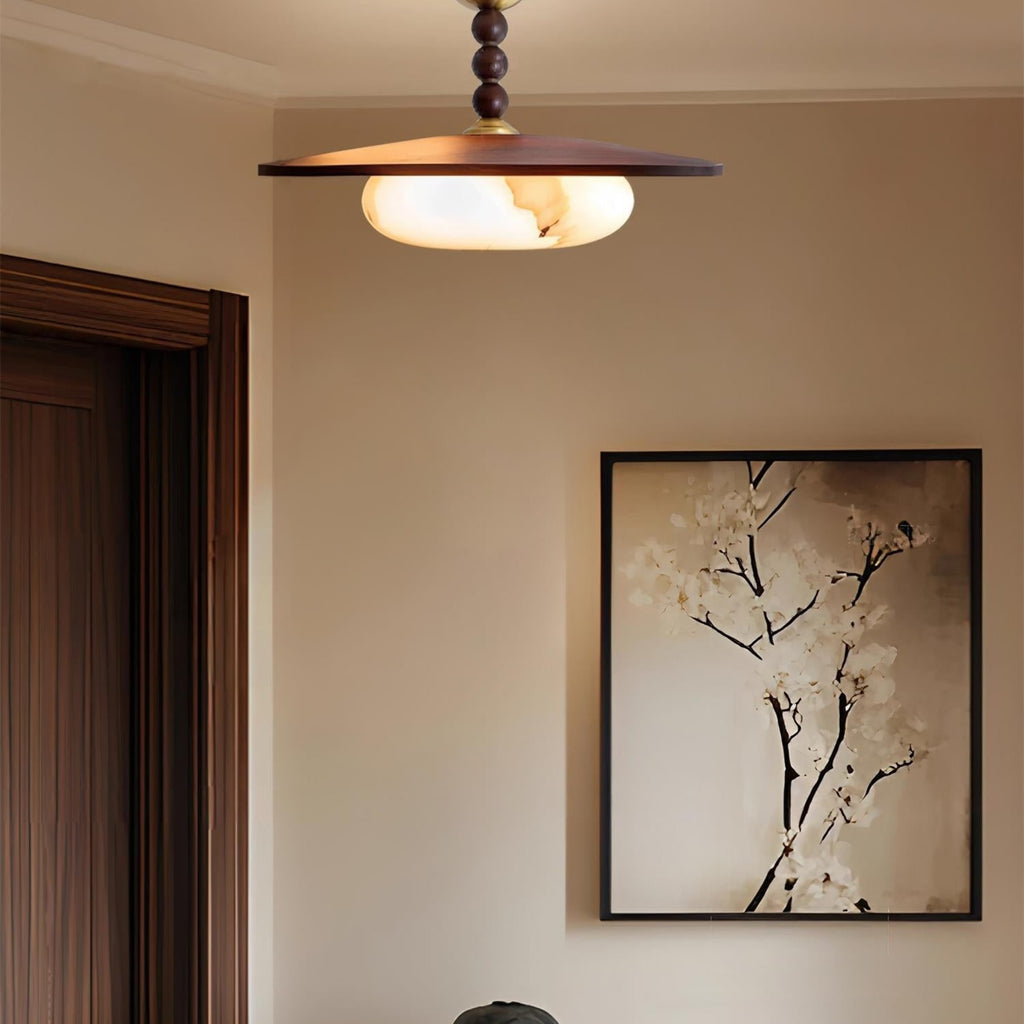 Modern Wood Semi-Flush Ceiling Light With Marble-Effect Glass — Halden Lighting