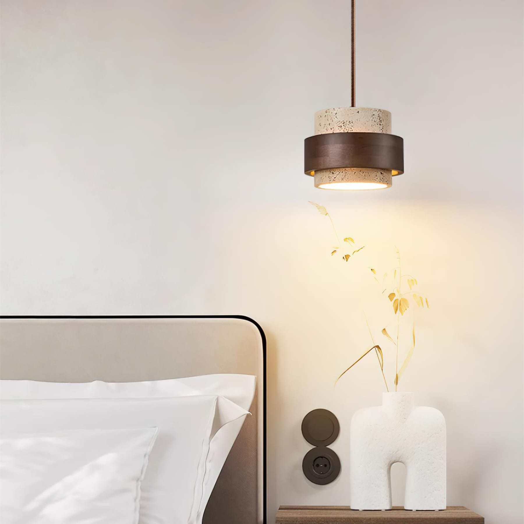 Modern Travertine And Wood Pendant Light For Dining Room — Halden Lighting