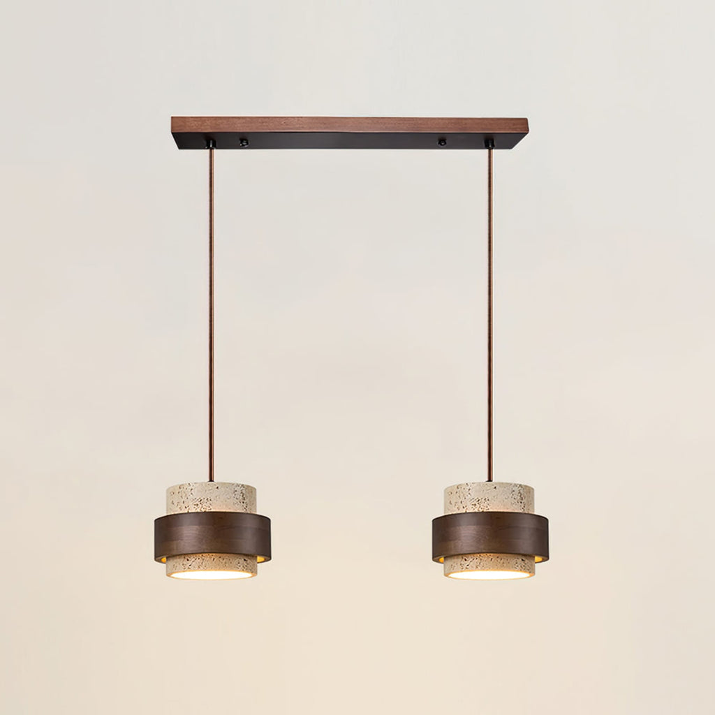 Modern Travertine And Wood Pendant Light For Dining Room in 2 Heads - 55 × 150 cm (22" × 59") — Halden Lighting
