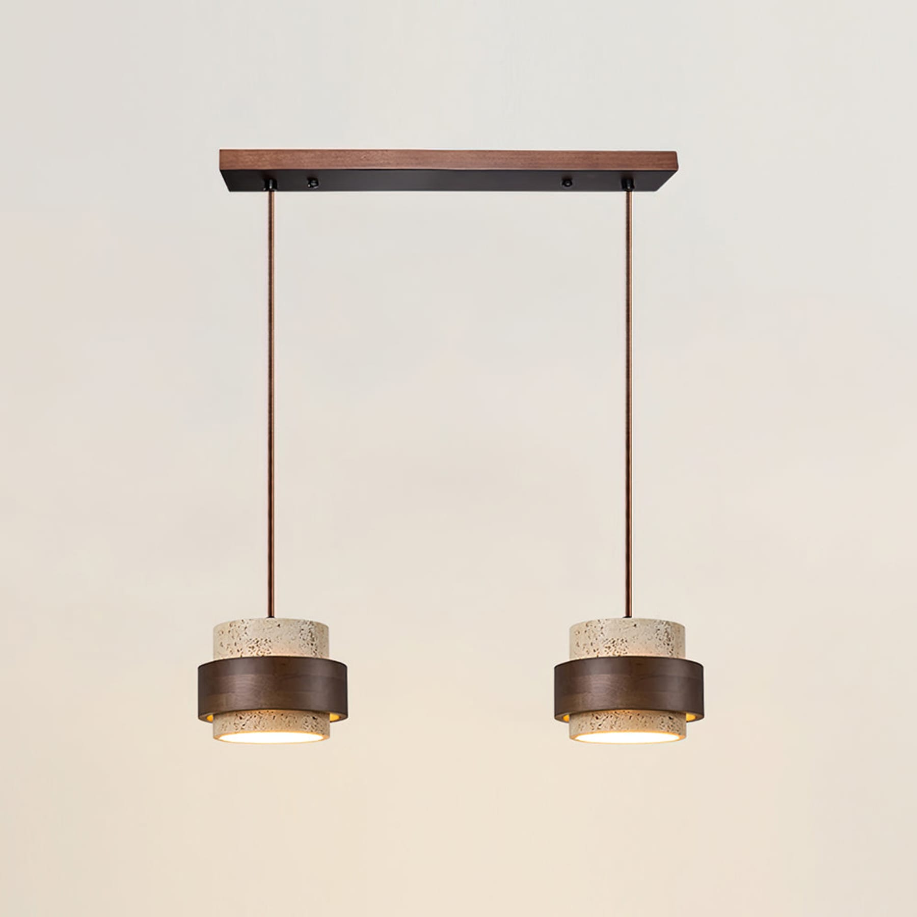 Modern Travertine And Wood Pendant Light For Dining Room in 2 Heads - 55 × 150 cm (22" × 59") — Halden Lighting