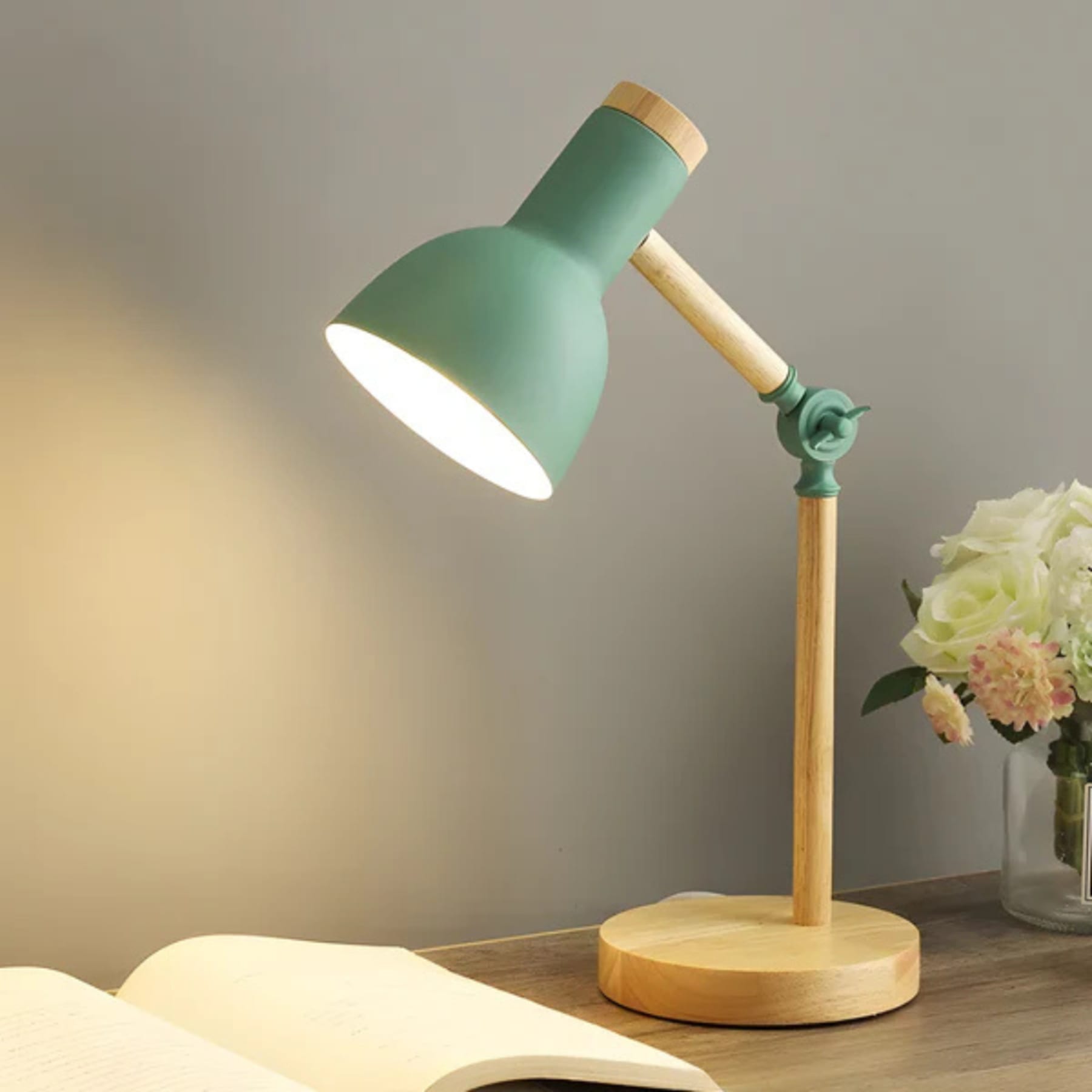 Modern Wood Table Lamp With Tri-Colour Dimmable Light for Home Office in Mint Green — Halden Lighting