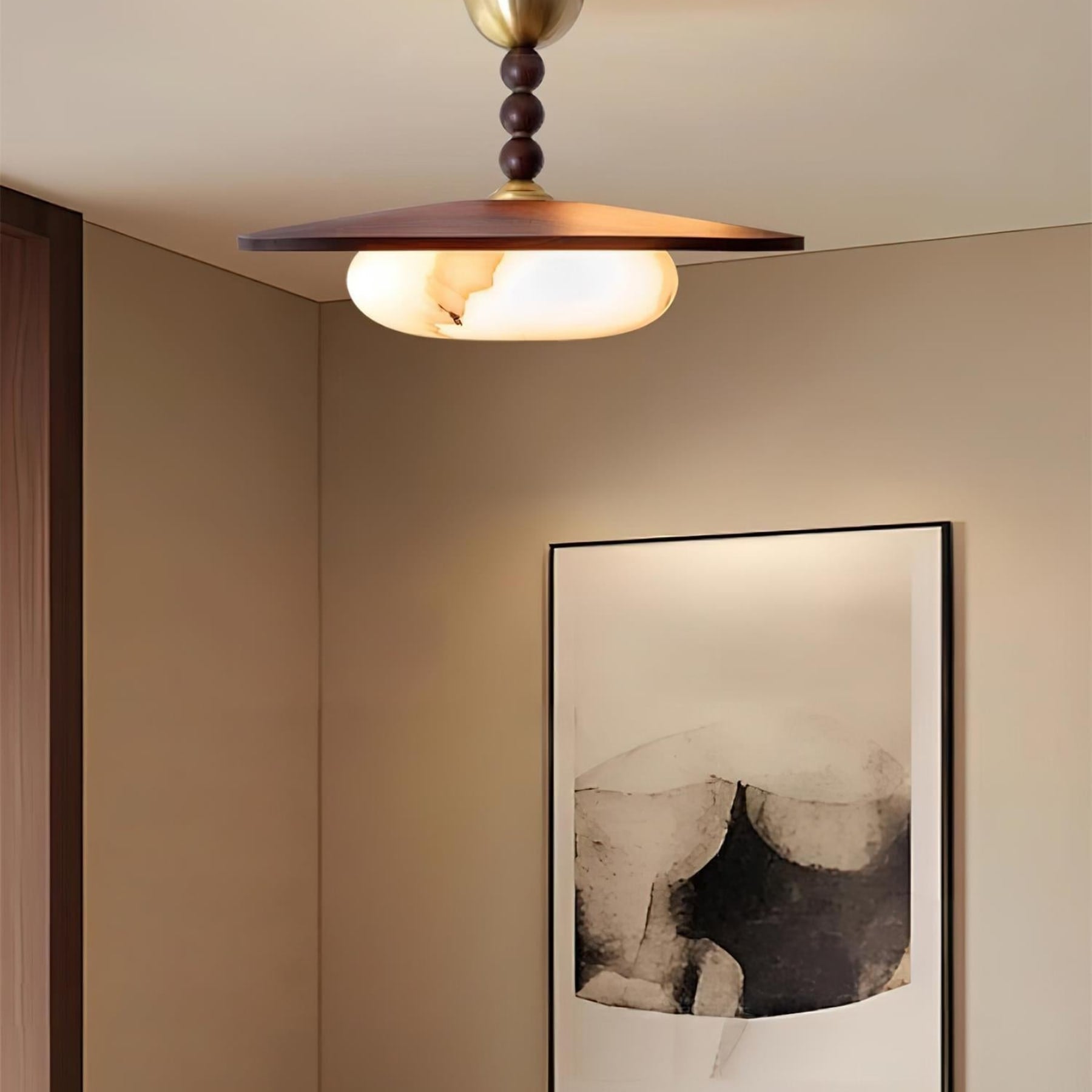 Modern Wood Semi-Flush Ceiling Light With Marble-Effect Glass — Halden Lighting