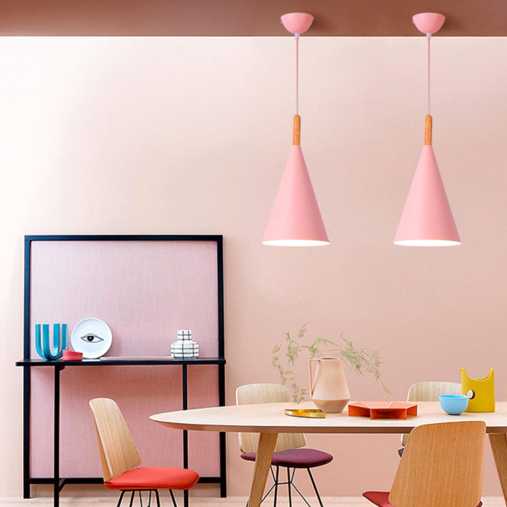 Scandinavian Wood Pendant Light With Warm Tri-Colour Glow in Pink — Halden Lighting