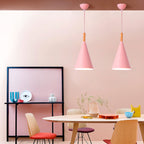 Scandinavian Wood Pendant Light With Warm Tri-Colour Glow in Pink — Halden Lighting
