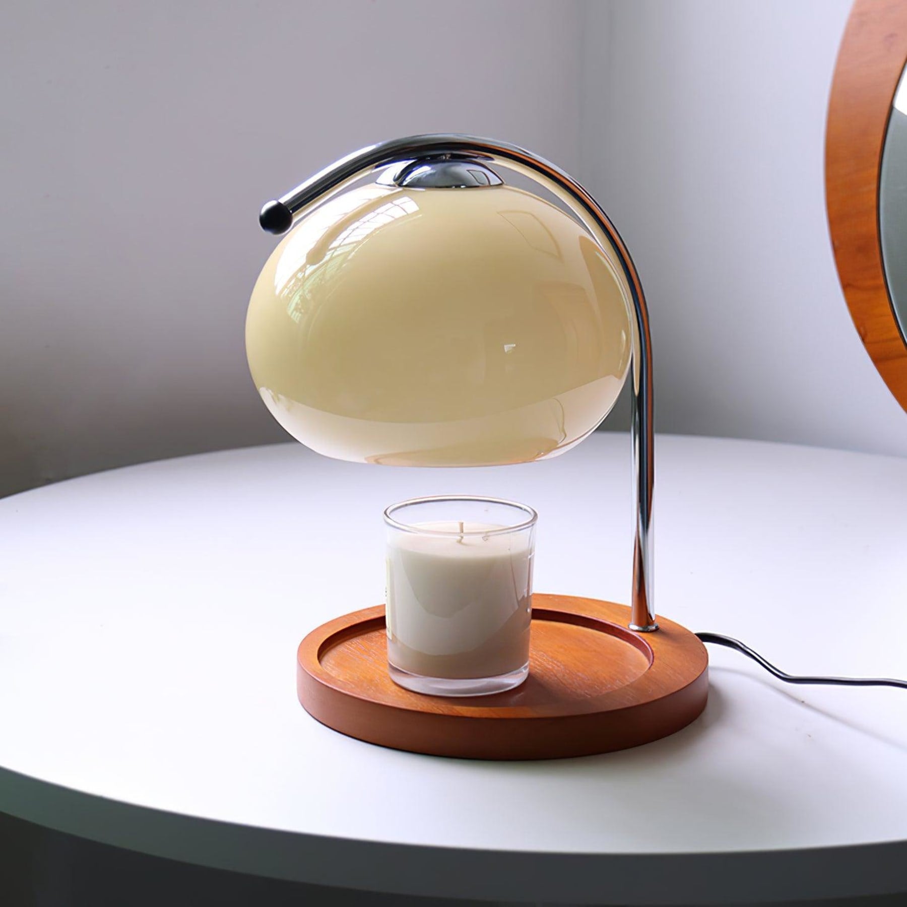 Modern Wood and Glass Table Lamp With Warm Daylight Glow in Beige — Halden Lighting