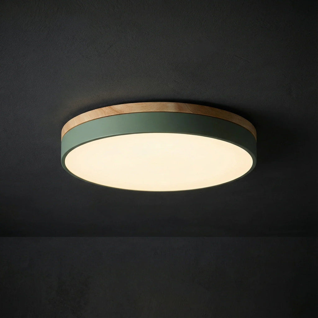 Modern Wood Flush Mount Ceiling Light With Remote Dimming in Green — Halden Lighting