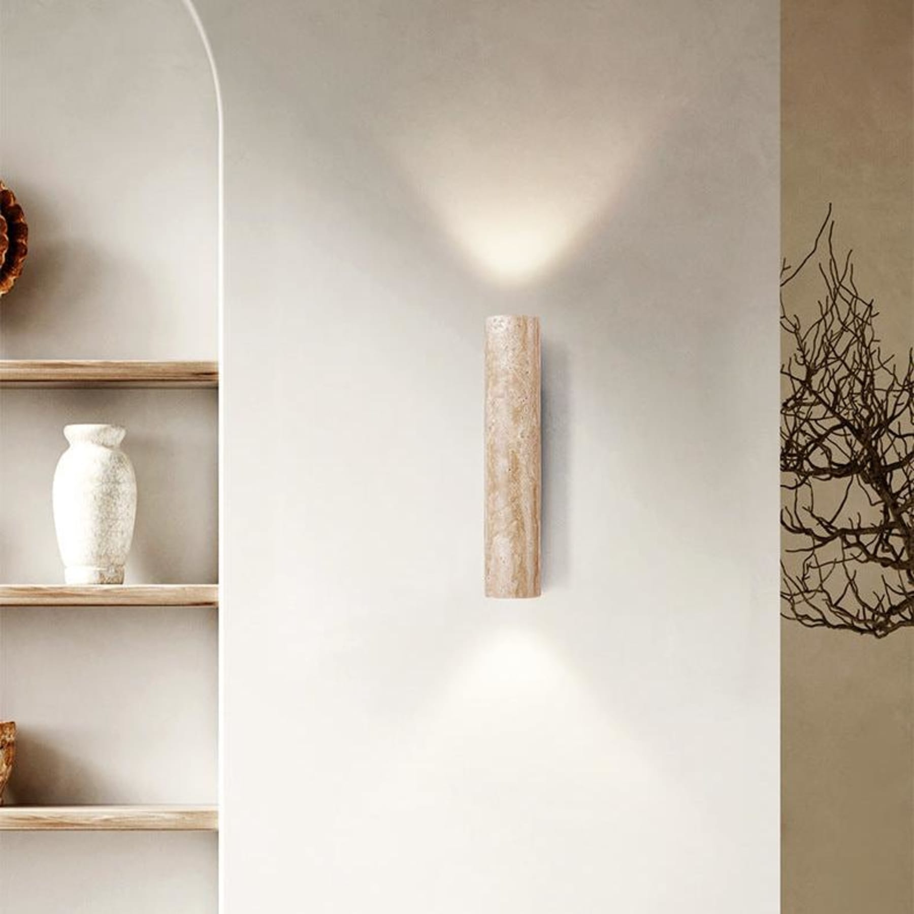 Modern Travertine And Wood Wall Light With Warm LED Glow — Halden Lighting