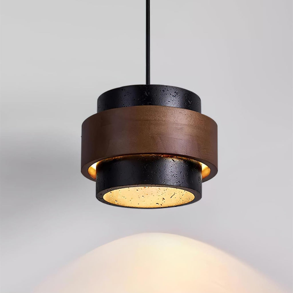 Modern Travertine And Wood Pendant Light For Dining Room in Dark Brown Black — Halden Lighting