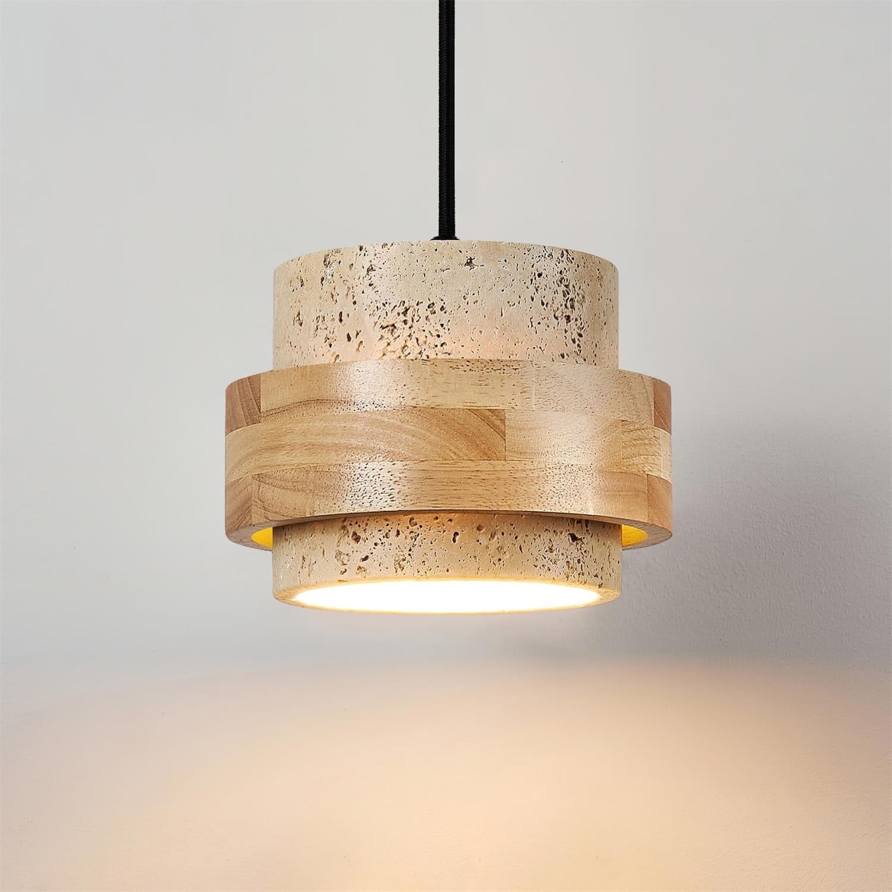 Modern Travertine And Wood Pendant Light For Dining Room in Brown Yellow — Halden Lighting