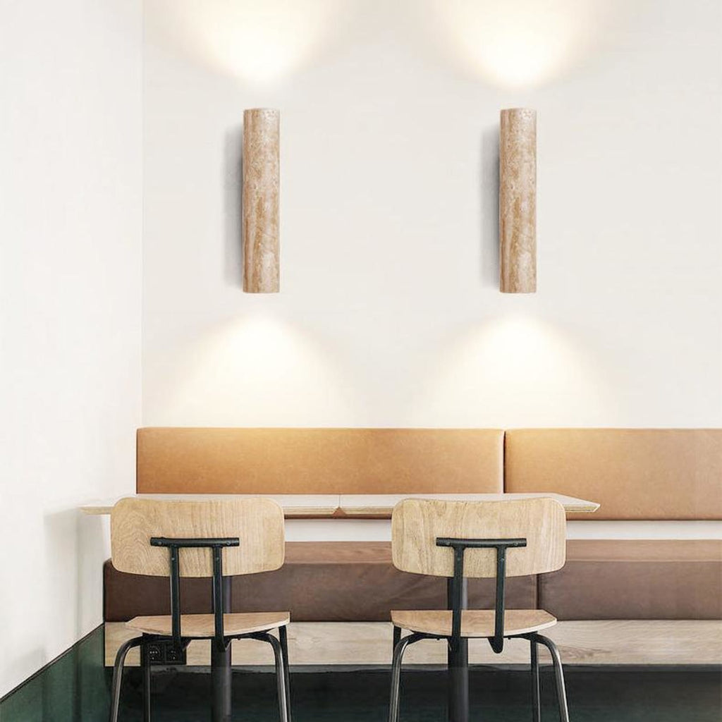 Modern Travertine And Wood Wall Light With Warm LED Glow — Halden Lighting