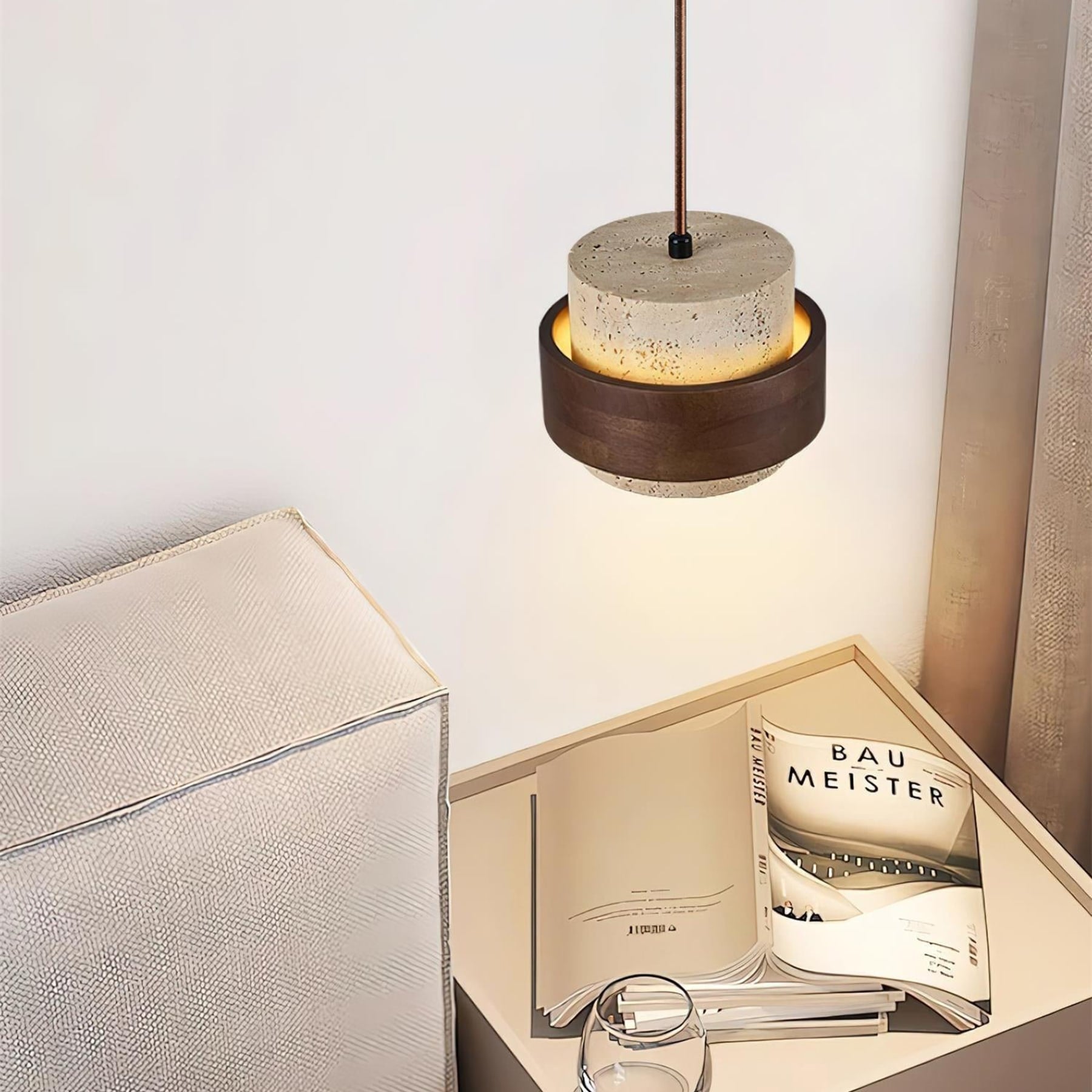Modern Travertine And Wood Pendant Light For Dining Room — Halden Lighting