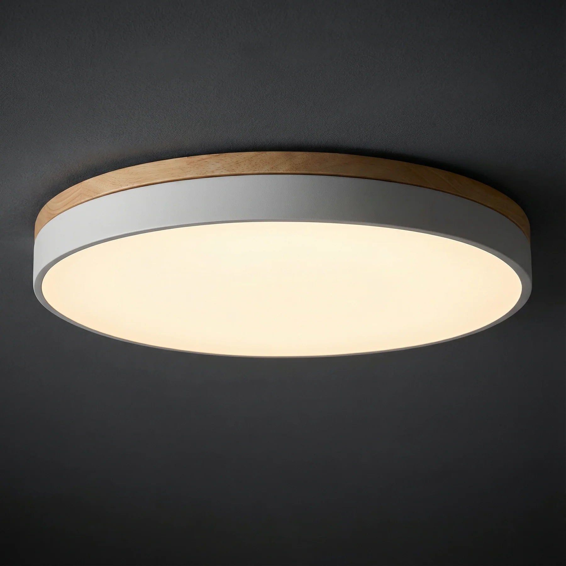 Modern Wood Flush Mount Ceiling Light With Remote Dimming in White — Halden Lighting