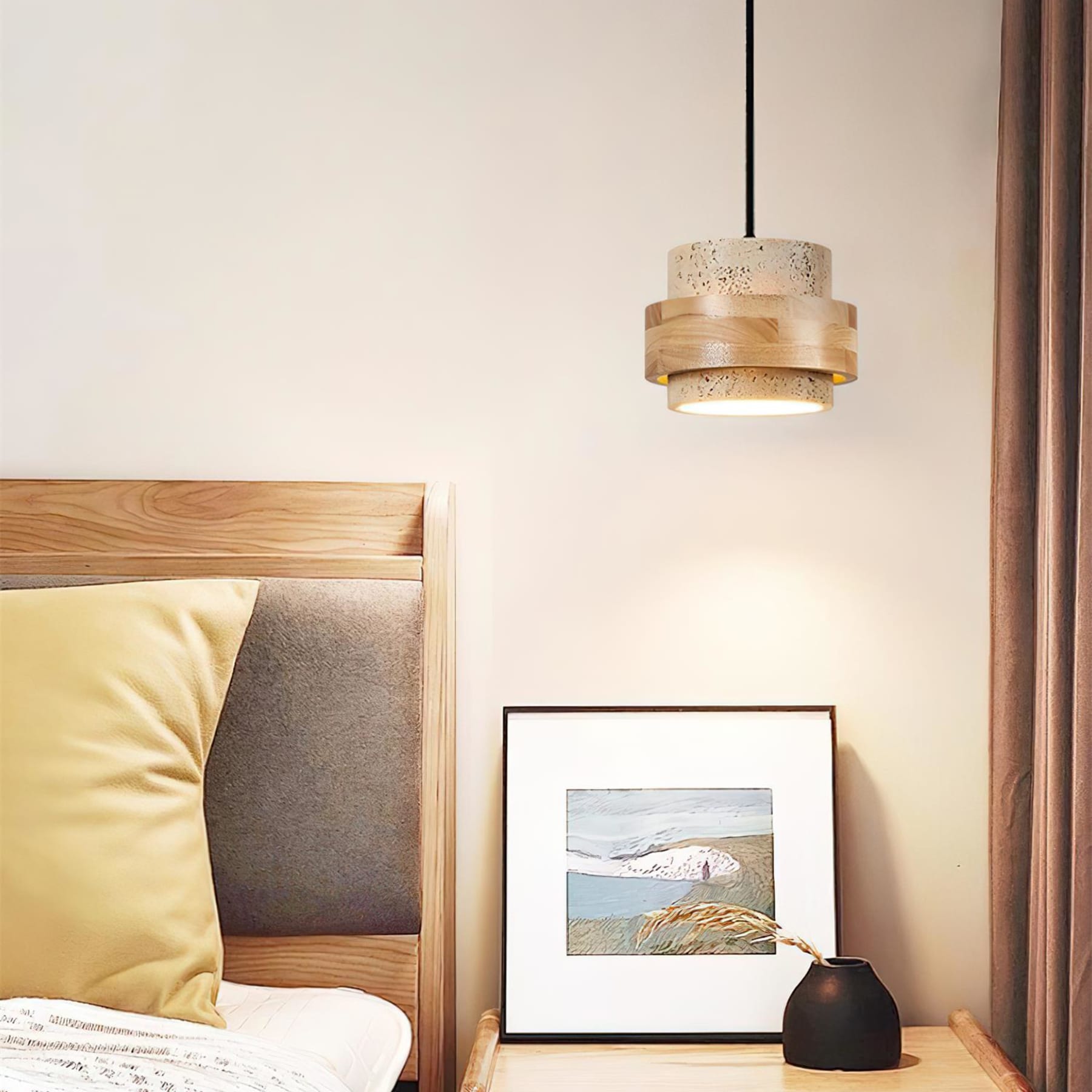 Modern Travertine And Wood Pendant Light For Dining Room — Halden Lighting