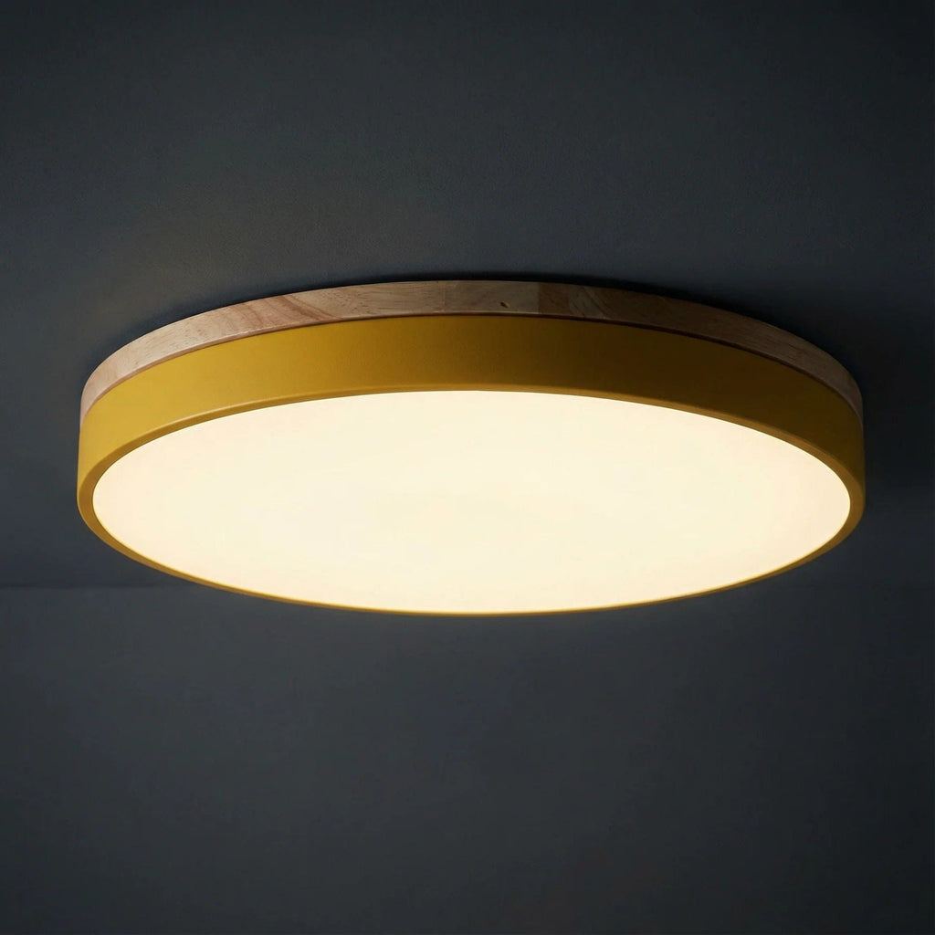 Modern Wood Flush Mount Ceiling Light With Remote Dimming in Yellow — Halden Lighting