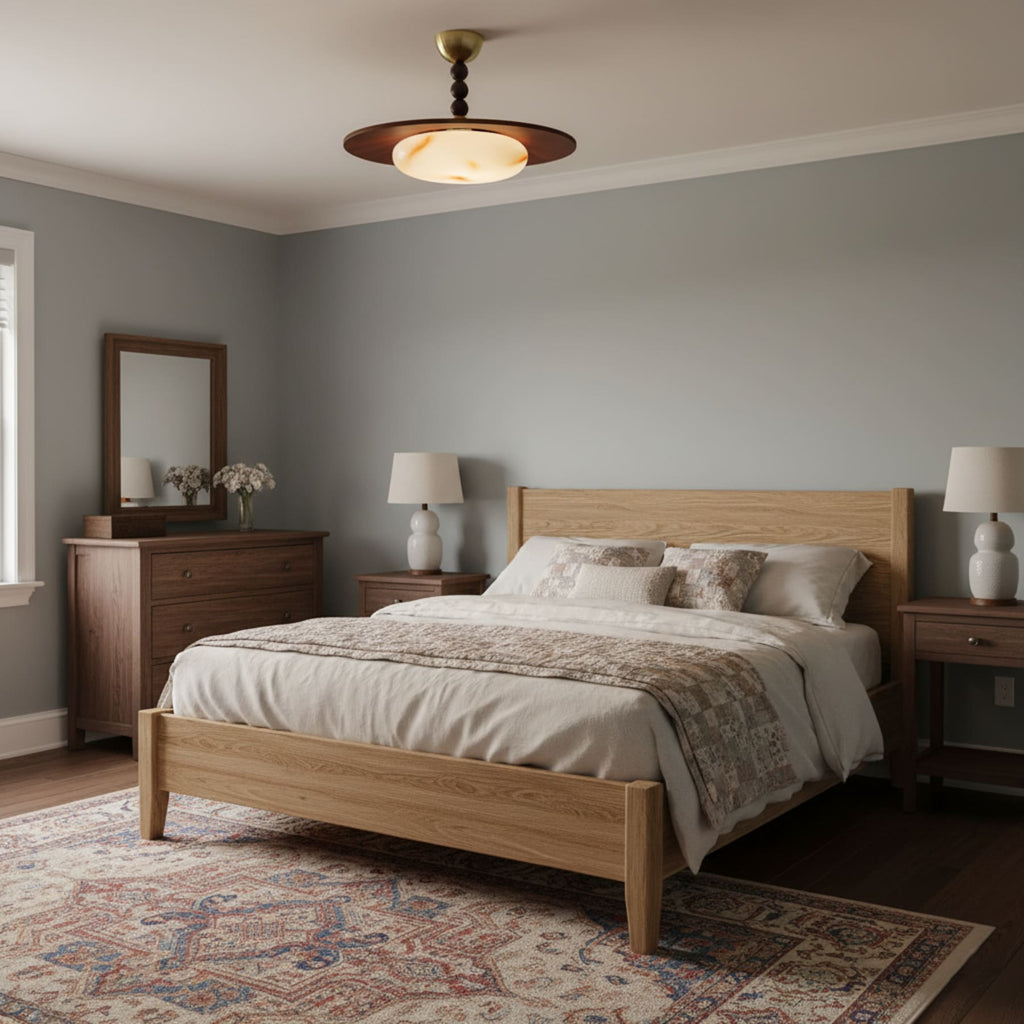 Modern Wood Semi-Flush Ceiling Light With Marble-Effect Glass — Halden Lighting