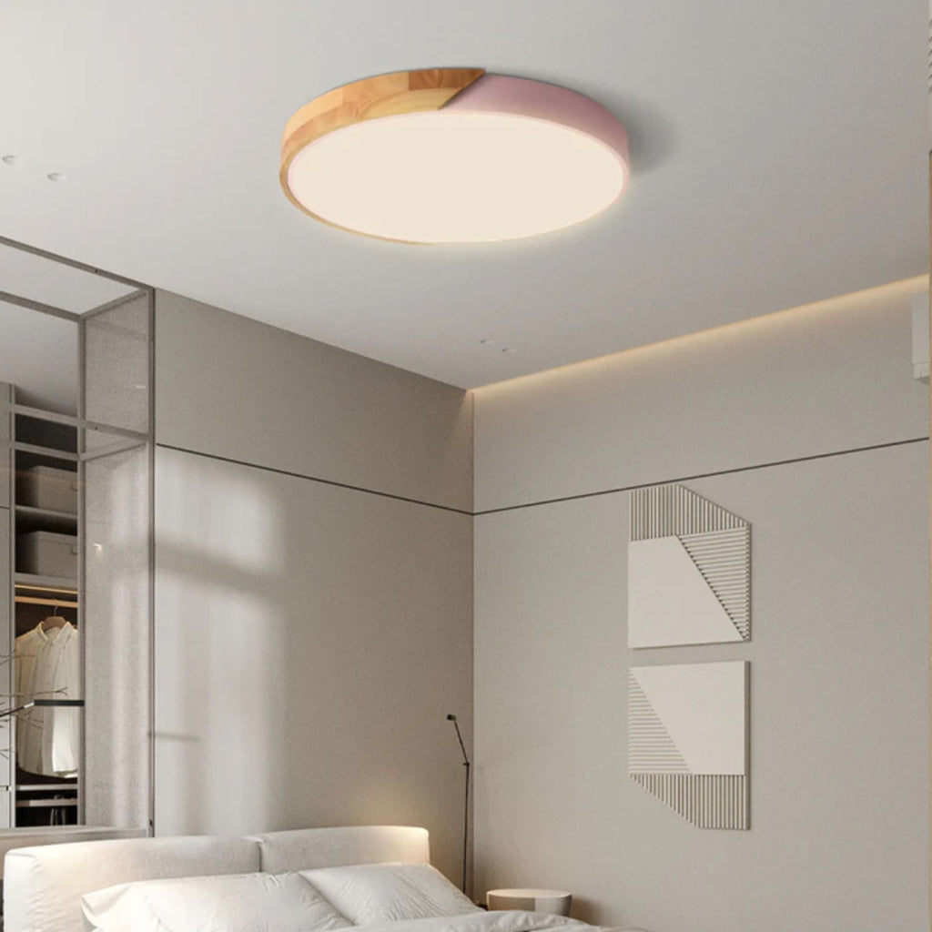Modern Wood Flush Mount Ceiling Light With Remote Dimming — Halden Lighting