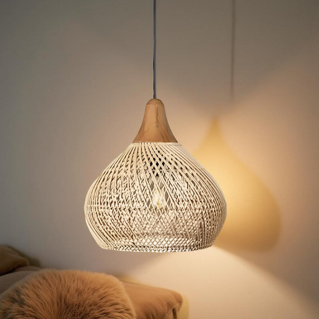 Bohemian Woven Rattan Pendant Light With Warm Neutral Glow — Halden Lighting