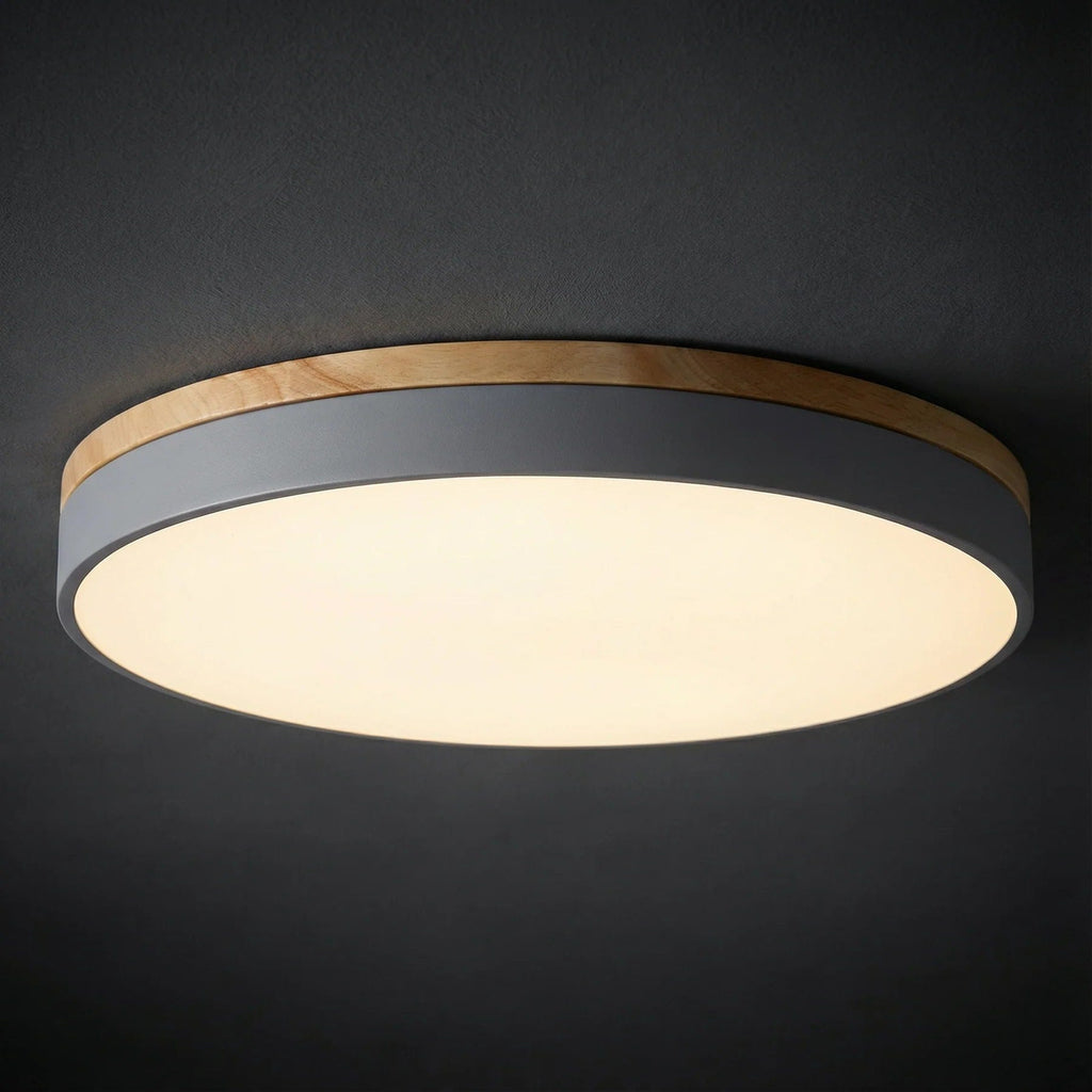 Modern Wood Flush Mount Ceiling Light With Remote Dimming in Grey — Halden Lighting