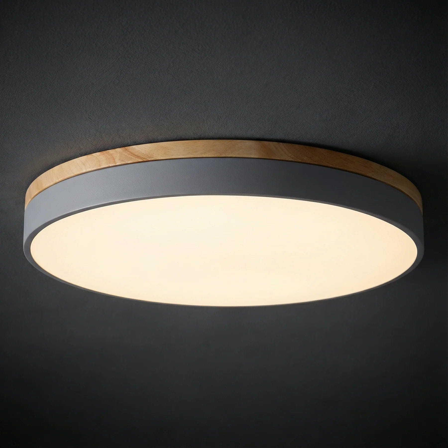 Modern Wood Flush Mount Ceiling Light With Remote Dimming in Grey — Halden Lighting
