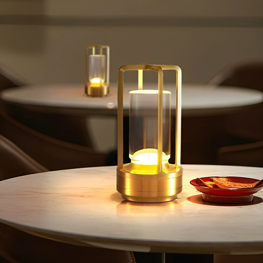 Modern Metal Rechargeable Table Lamp With Tri-Colour Dimming in Gold — Halden Lighting