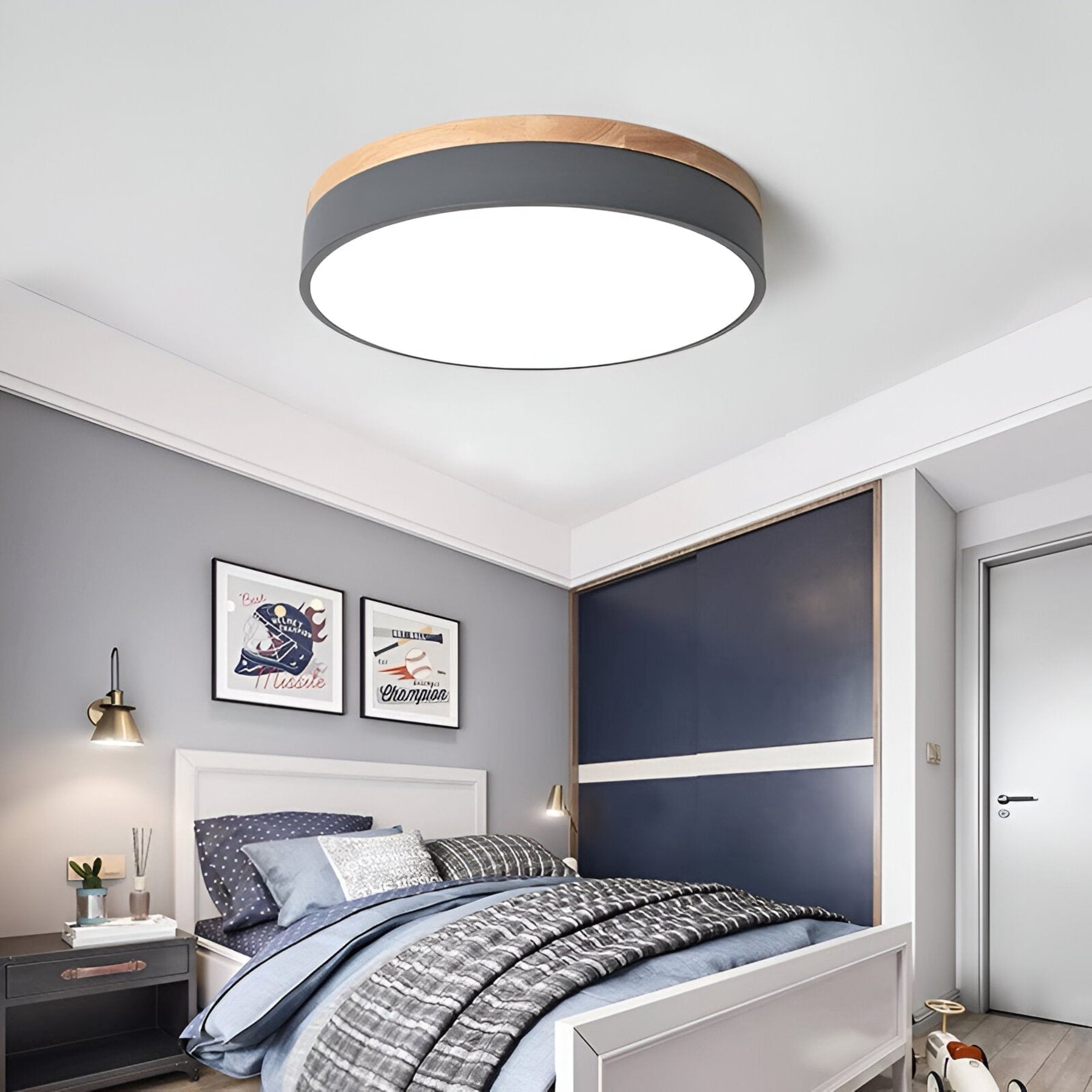 Modern Wood Flush Mount Ceiling Light With Remote Dimming — Halden Lighting