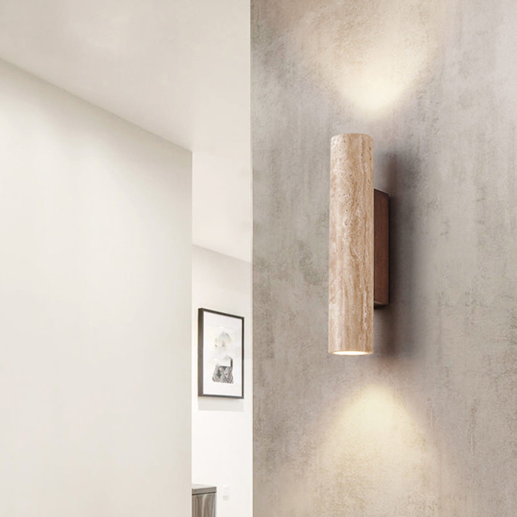 Modern Travertine And Wood Wall Light With Warm LED Glow — Halden Lighting