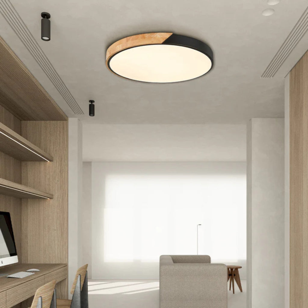 Modern Wood Flush Mount Ceiling Light With Remote Dimming — Halden Lighting