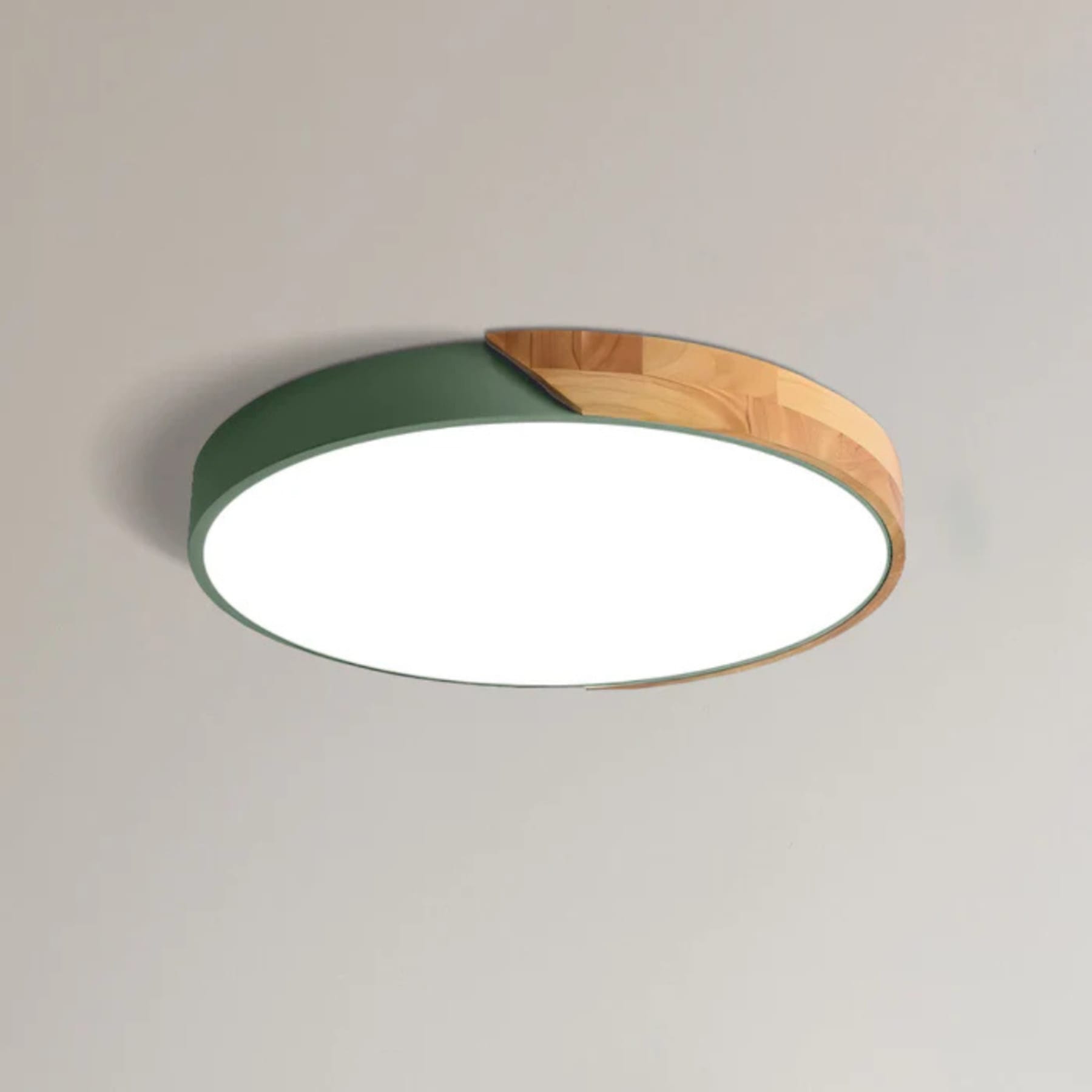 Modern Wood Flush Mount Ceiling Light With Remote Dimming in Green — Halden Lighting