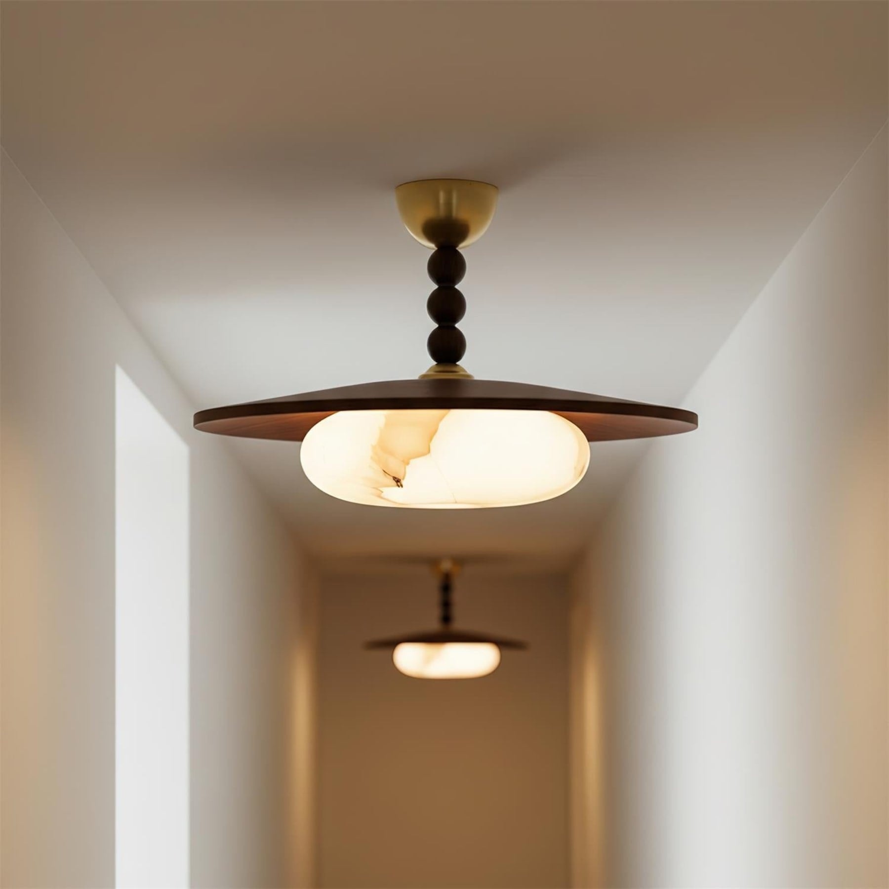 Modern Wood Semi-Flush Ceiling Light With Marble-Effect Glass — Halden Lighting