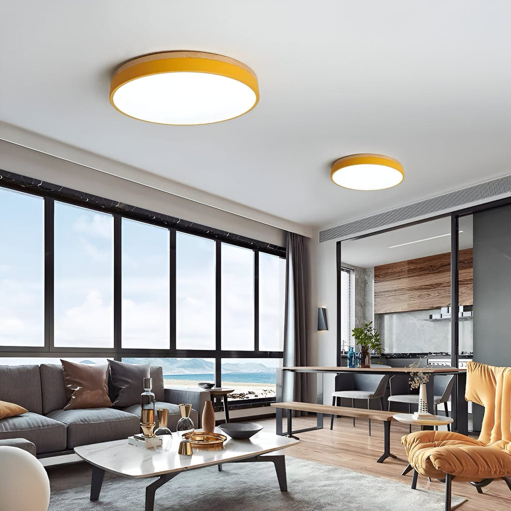 Modern Wood Flush Mount Ceiling Light With Remote Dimming — Halden Lighting