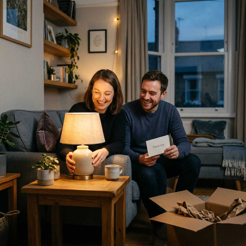 British couple unboxing their new Halden lamp at dusk with a thank you card